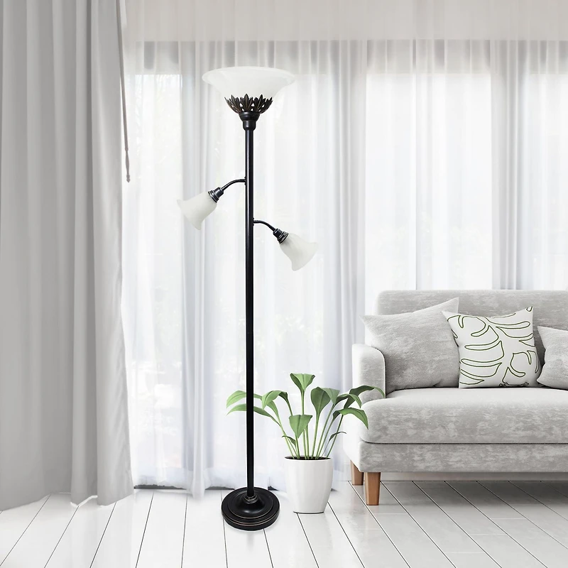 Lampadaire Elegant Designs à 3 lampes avec abat-jour en verre festonné blanc