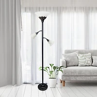 Lampadaire Elegant Designs à 3 lampes avec abat-jour en verre festonné blanc