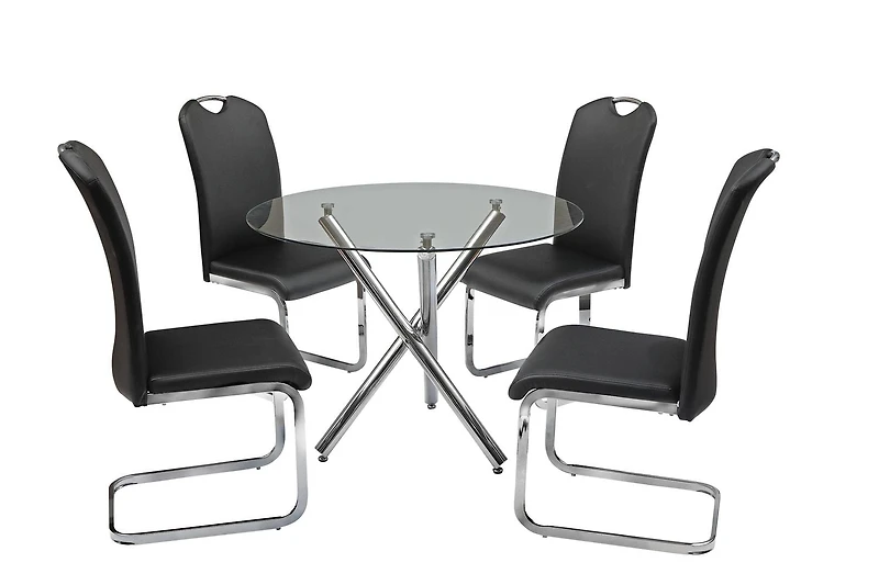 K-LIVING AMY 5PCS TABLE RONDE EN VERRE ET BASE CHROME AVEC SIÈGES EN PU NOIR