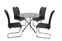 K-LIVING AMY 5PCS TABLE RONDE EN VERRE ET BASE CHROME AVEC SIÈGES EN PU NOIR