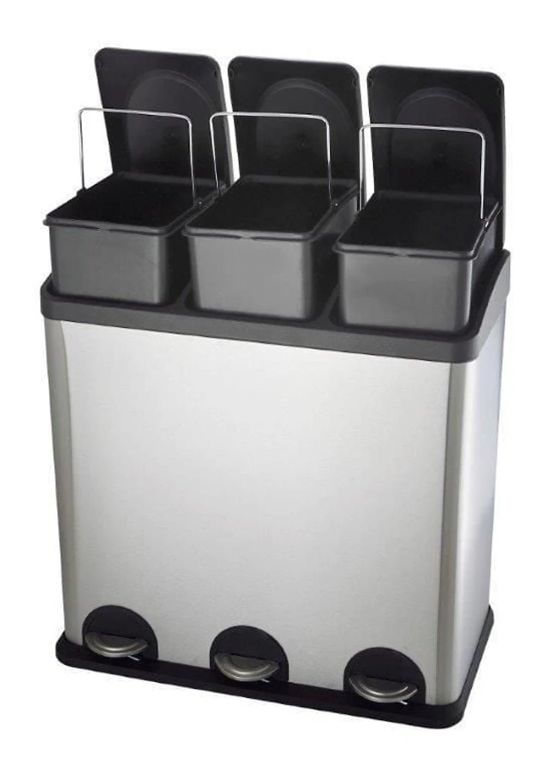 Step N’ Sort poubelle 60 L à 3 compartiments – système de tri cuisine (déchets, recyclage et compost), pédales mains libres, acier inoxydable avec bacs amovibles