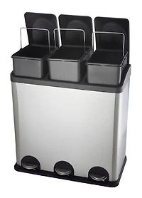 Step N’ Sort poubelle 60 L à 3 compartiments – système de tri cuisine (déchets, recyclage et compost), pédales mains libres, acier inoxydable avec bacs amovibles