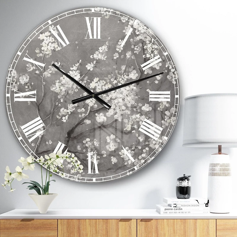 Designart 'White Cherry Blossoms I' Traditional wall clock