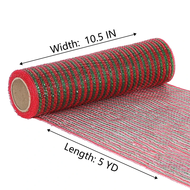 Holiday Time 10.5 inch x 5 Yards Poly Mesh With Metallic, Red & Green Stripe, 10.5IN RED & GREEN POLYMESH