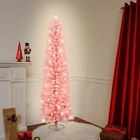 6.5 PI prééclairé rose floqué pin mince arbre, 200 lumières led blanc chaud, 600 conseils