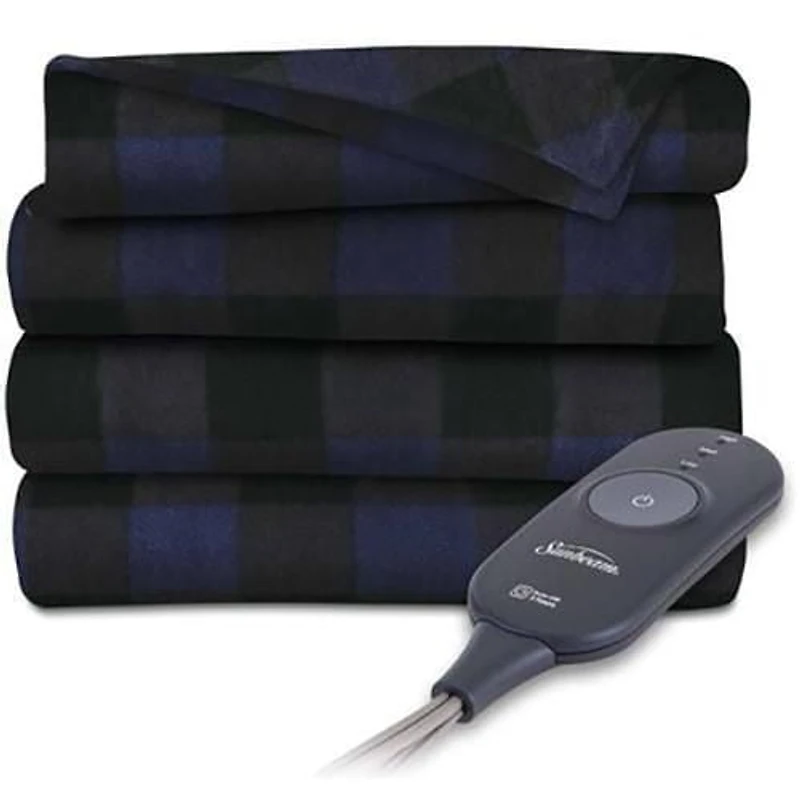Sunbeam Heated Throw Fleece, Buffalo Navy Plaid