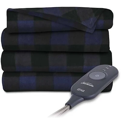 Sunbeam Heated Throw Fleece, Buffalo Navy Plaid