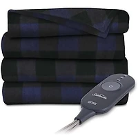 Sunbeam Heated Throw Fleece, Buffalo Navy Plaid