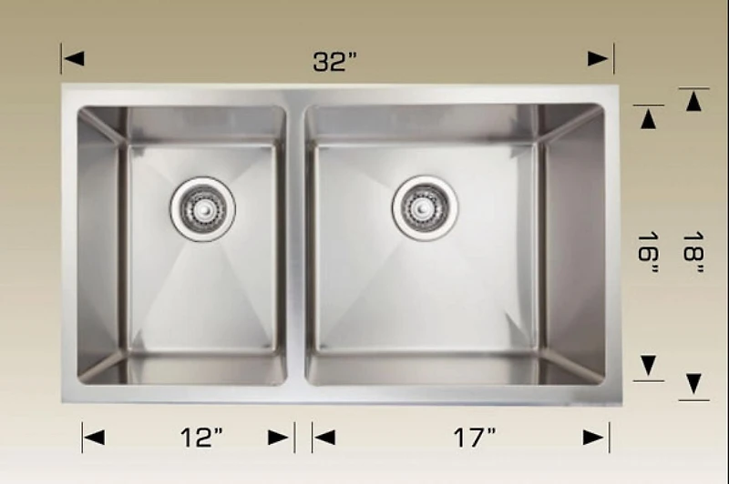 American Imaginations 32 pouces. Évier de cuisine en acier inoxydable approuvé par W CSA avec 2 cuves et calibre 18