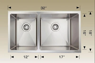 American Imaginations 32 pouces. Évier de cuisine en acier inoxydable approuvé par W CSA avec 2 cuves et calibre 18