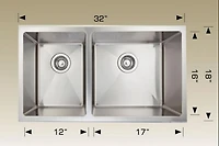 American Imaginations 32 pouces. Évier de cuisine en acier inoxydable approuvé par W CSA avec 2 cuves et calibre 18