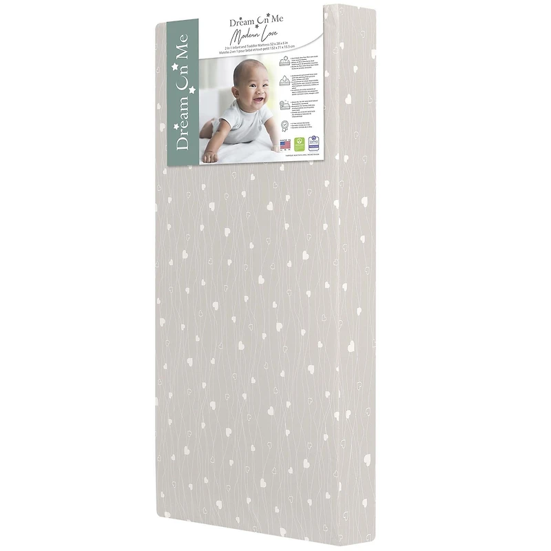 Matelas pour nourrissons et enfants en bas âge 2 en 1 Dream On Me Modern Love / Matelas pour bébés sans danger pour l'environnement Greenguard Gold / Matelas pour nourrissons certifié JPMA / Housse en