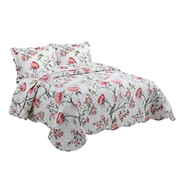 Marina Decoration Rich Printed Stitching Coverlet Bedspread Ultra Soft Summer Bedding Quilt Set with Quilted Sham, Pink Floral and Birds Pattern