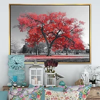 Designart Grand arbre rouge le jour brumeux ART MURAL À CADRE FLOTTÉ