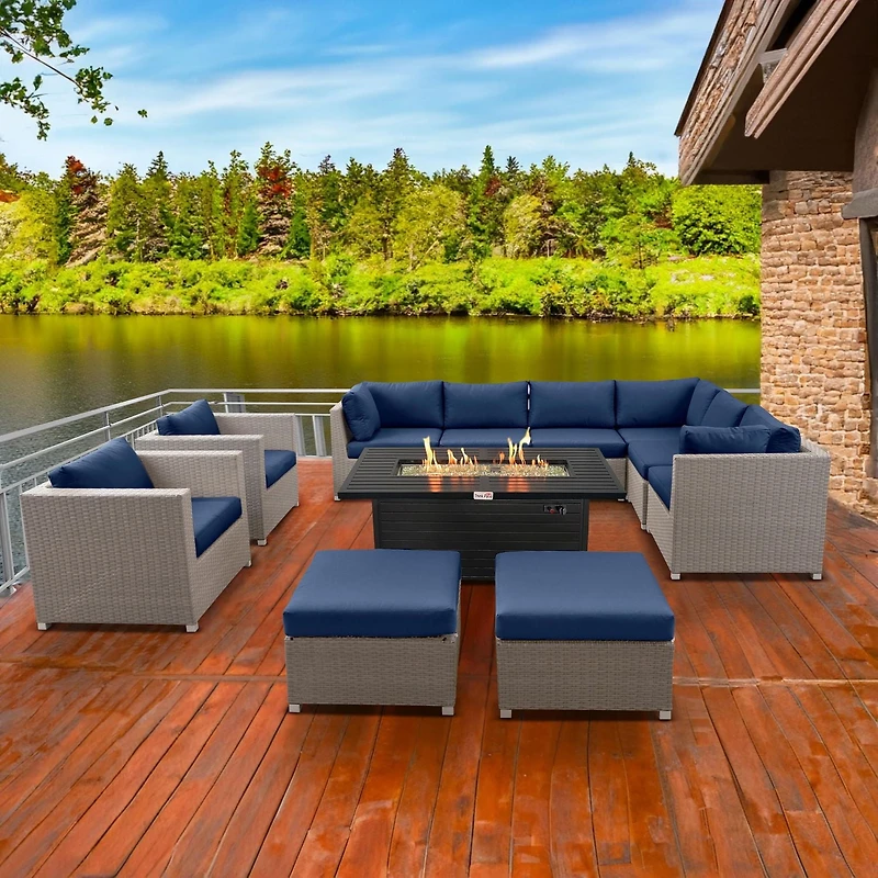 Ensemble de conversation de patio en aluminium de 11 pièces de la collection Chambers Bay avec coussins bleu marine et table à feu rectangulaire