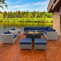 Ensemble de conversation de patio en aluminium de 11 pièces de la collection Chambers Bay avec coussins bleu marine et table à feu rectangulaire