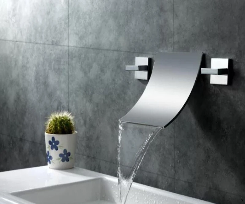 DROP Bath and Kitchen DR091447 Bathroom Sink Faucet with Unique shape in Chrome color from Waterfall series - includes Drain without overflow