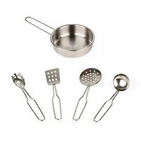 Janod - Trio Wooden Kitchen - Compact 3-Sided Kitchen - Pretend Play Kitchen & Tea Set Toy - Retro Style - 5 Metal Utensils Included - Water-Based Paints - 3 Years +