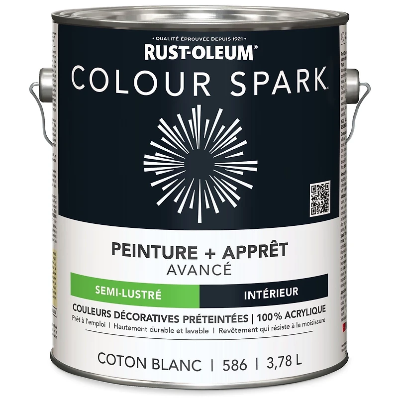Rust-Oleum Colour Spark™ Peinture + Apprêt, Intérieur Semi-lustré, Coton Blanc 3,78L 3,78L