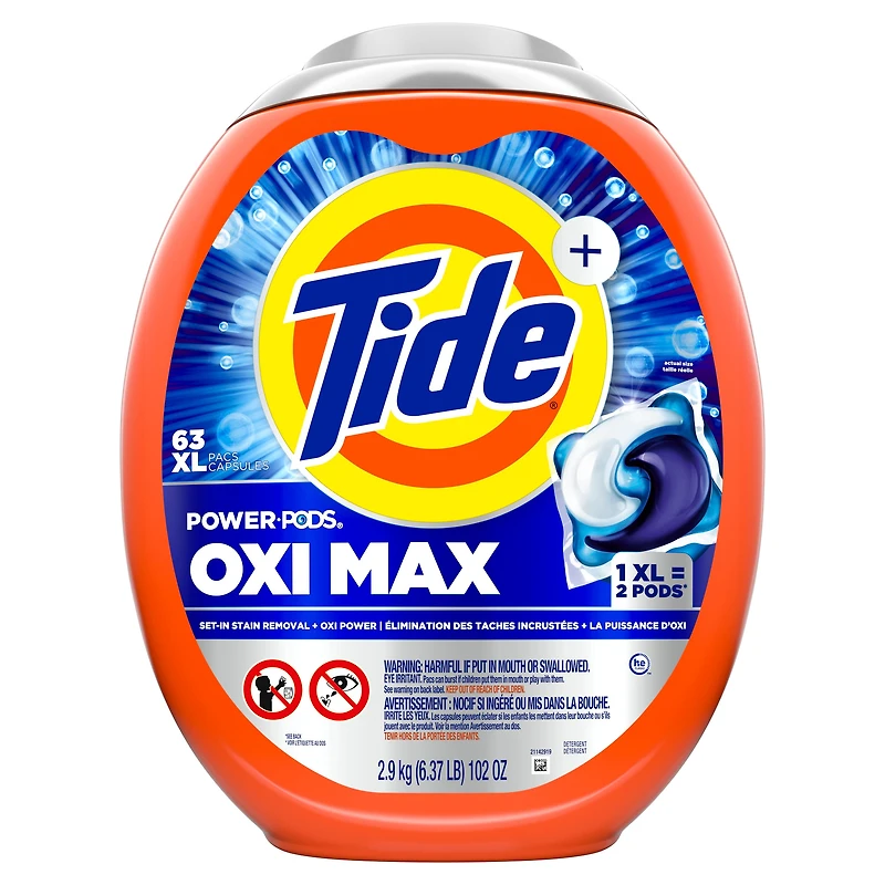 Capsules de détergent à lessive Tide Oxi Max Power PODS, détachant et puissance d’Oxi, capsules de détergent pour le lavage de la lessive, compatible avec les laveuses HE