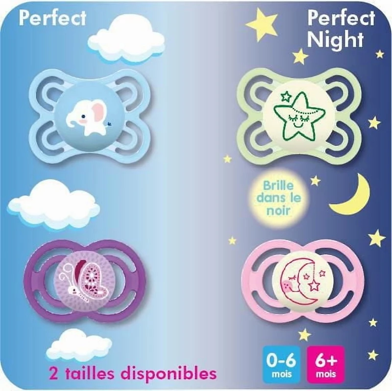 Suces MAM Perfect Night, suces qui brillent dans le noir (emballage de deux), suces MAM 0 à 6 mois, meilleure suce pour les bébés allaités, suce pour bébé fille