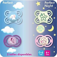 Suces MAM Perfect Night, suces qui brillent dans le noir (emballage de deux), suces MAM 0 à 6 mois, meilleure suce pour les bébés allaités, suce pour bébé fille