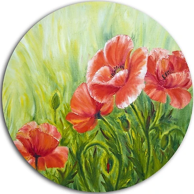 Art mural en métal Design Art Coquelicots en fleur avec des feuilles vertes ultra brillant en cercle