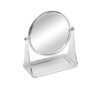 Mainstays Clear Double-Sided Vanity Mirror, 1 vanity mirror with plastic frame and plastic tray, 1x and 3x magnification, 1x and 3x magnification