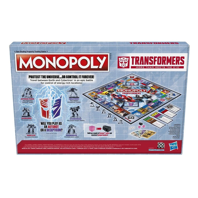 Monopoly : édition Transformers, jeu de plateau pour 2 à 6 joueurs, pour enfants, à partir de 8 ans, inclut des pions Autobot et Decepticon