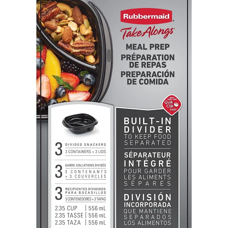 Contenants divisés pour la préparation des repas Rubbermaid TakeAlongs à emporter, 556 ml (2,35 tasses), paquet de 3 Sans BPA