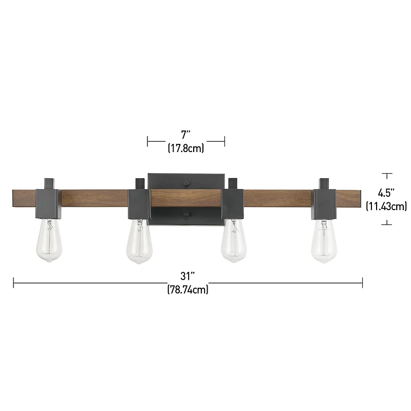 Applique murale en métal à 4 ampoules Phoenix par Globe Electric, noir mat, faux bois foncé, 51717