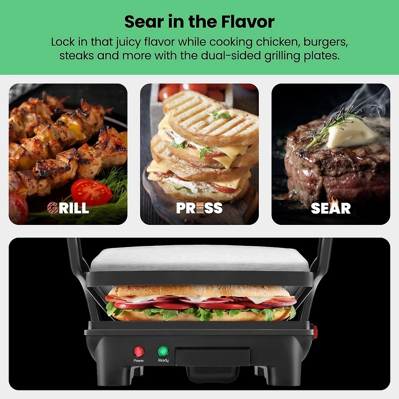 Chefman 3-in-1 Panini Press & Grill, 4-Slice Non-Stick, Opens Flat - Stainless Steel, New