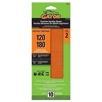 Gator Premium Sanding Sheet, 120/180 Grit (10 sheets)