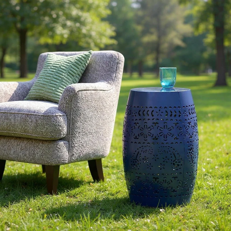 Homy Casa Lace-Cut Barrel-Shaped End Table for Patio, Garden, or Living Room