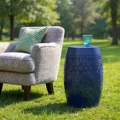 Homy Casa Lace-Cut Barrel-Shaped End Table for Patio, Garden, or Living Room