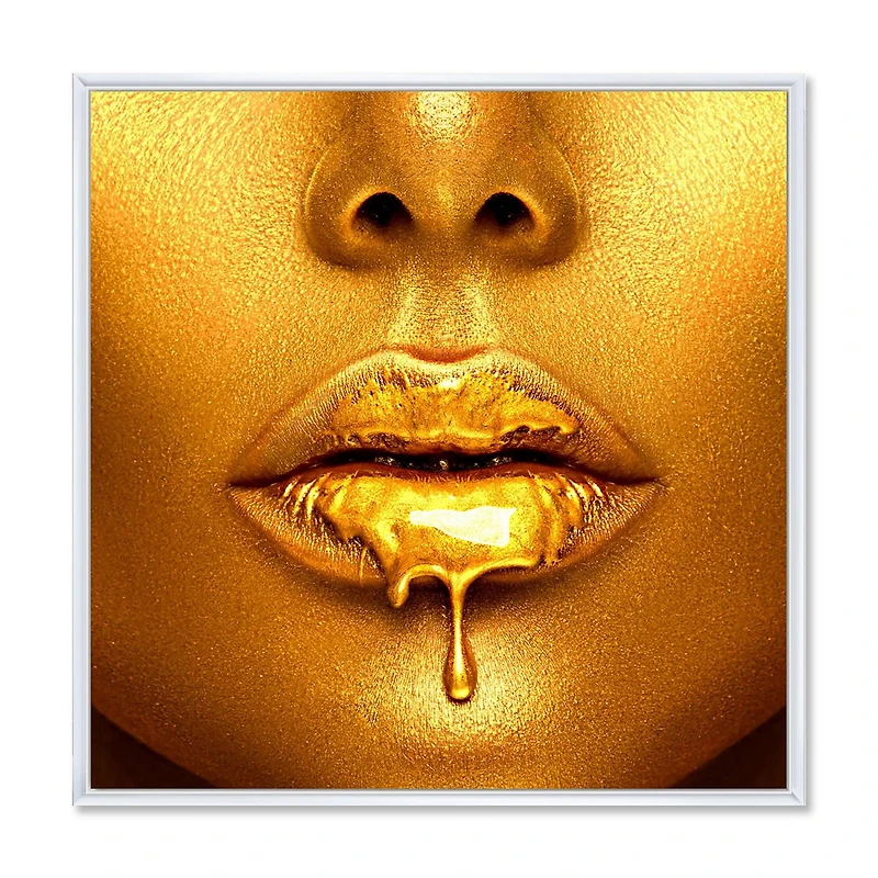 Designart Gold Paint Drips From Sexy Woman Lips FLOAT FRAME WALL ART