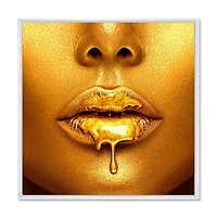 Designart Gold Paint Drips From Sexy Woman Lips FLOAT FRAME WALL ART