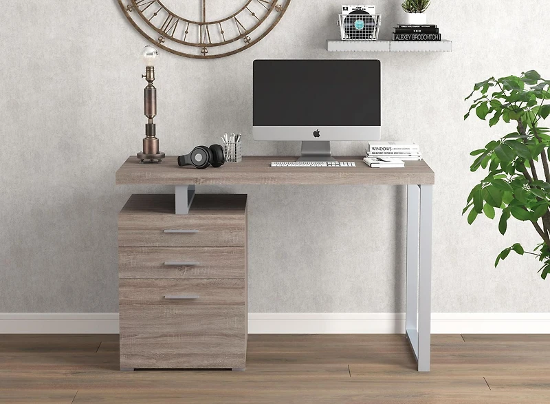 Safdie & Co. Bureau 47.25L Taupe Foncé 3 Tirroirs Métal Argent