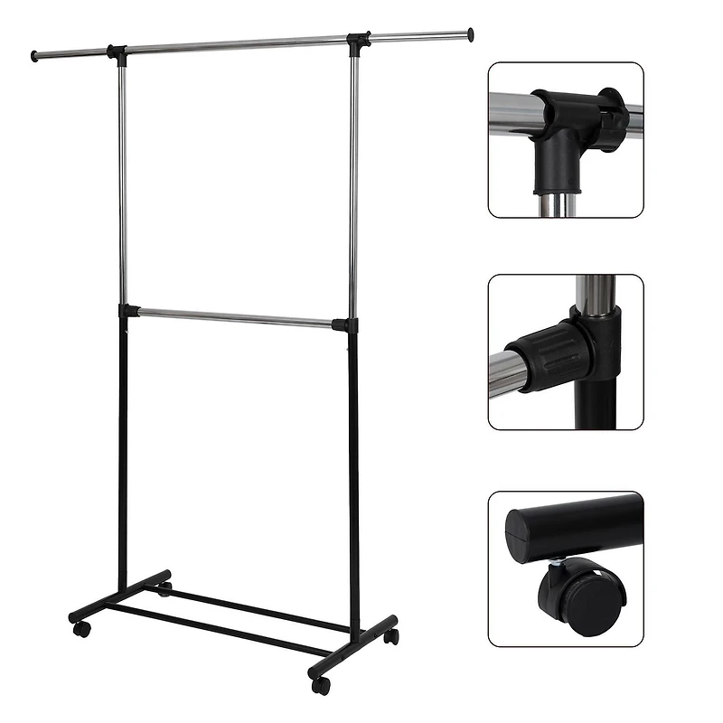 Portant à vêtements réglable à 2 niveaux Mainstays, barre de suspension supérieure extensible, structure robuste et facile à assembler, roulettes à roulement fluide pour une mobilité facile Porte-vêtements réglable à 2 tiges - Organisateur de vêtements à roulettes - Noir et chrome; Taille de l'article :92.07-157.48cmx48.9cmx179.7cm