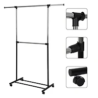 Portant à vêtements réglable à 2 niveaux Mainstays, barre de suspension supérieure extensible, structure robuste et facile à assembler, roulettes à roulement fluide pour une mobilité facile Porte-vêtements réglable à 2 tiges - Organisateur de vêtements à roulettes - Noir et chrome; Taille de l'article :92.07-157.48cmx48.9cmx179.7cm