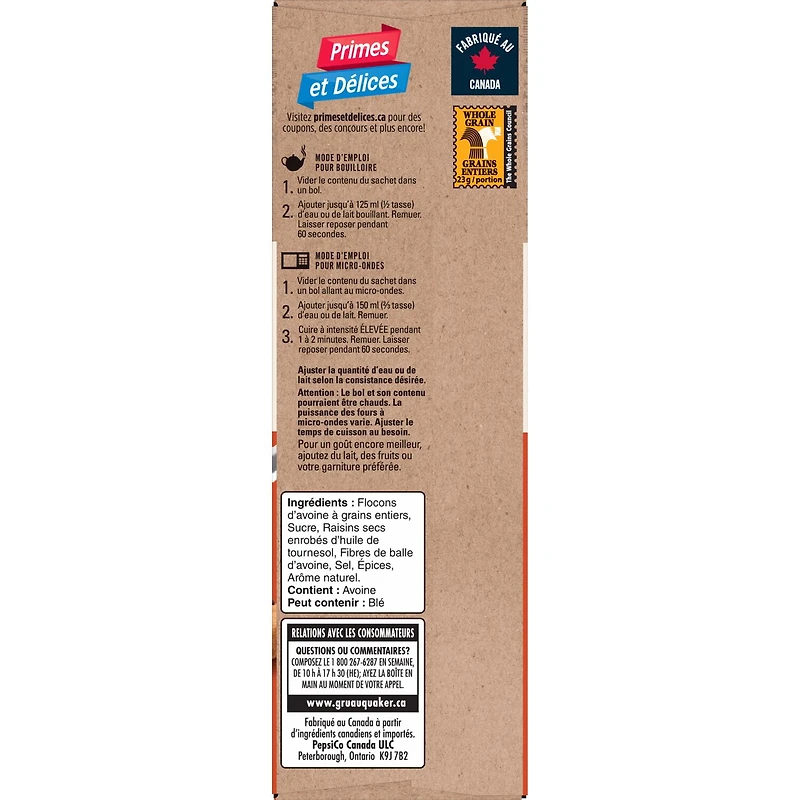 Quaker Gruau instantané Teneur élevée en fibres Raisins secs et épices 344 g.