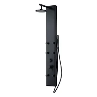 La colonne de douche ELIAS en aluminium d'akuaplus®  avec cartouche à pression balancée et déviateurs 3 voie a 6 jets de corps orientale plus, une douchette, et un pommeau douche.