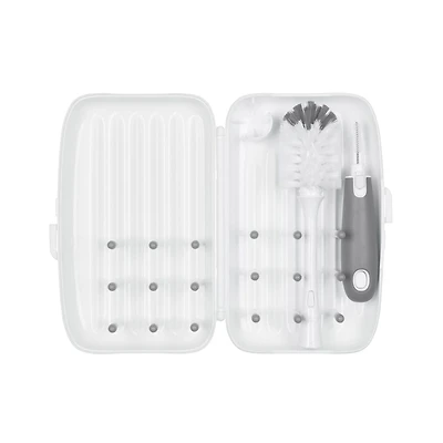 OXO Tot - On-the-Go Drying Rack with Bottle Brush - All-in-One Portable Solution for Cleaning and Drying Baby Bottles, Pump Parts and More - Grey