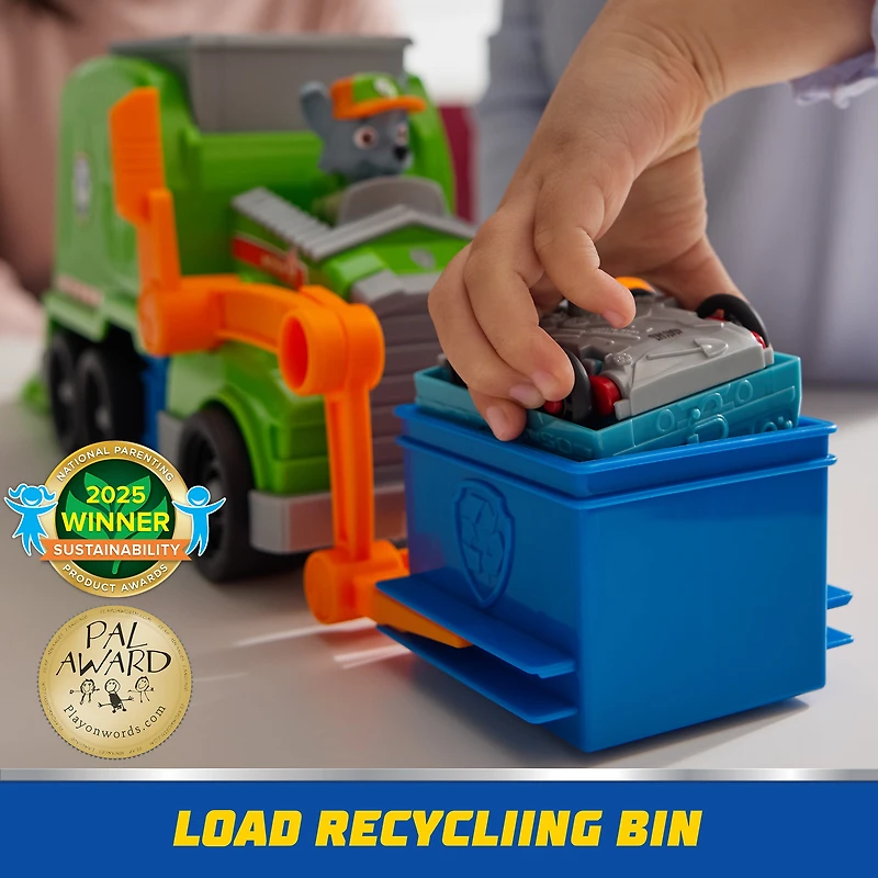 Pat'Patrouille : Camion de recyclage compacteur avec figurine Rocky et véhicule compacté transformable, jouets pour garçons et filles à partir de 3 ans PAW Rocky