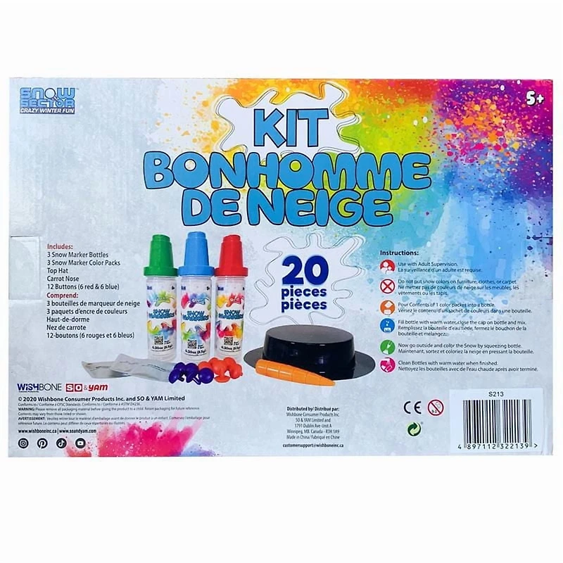 Le kit 'Faites un meilleur Bonhomme de neige' comprend toutes les pièces de l'homme de neige et 3 marqueurs à neige de couleurs différentes