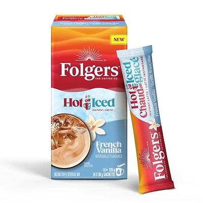 Mélange pour latté instantané chaud ou glacé à la vanille française de Folgers, 4 sachets (120 g) 7 x 2g Sachets (Totale 14g)