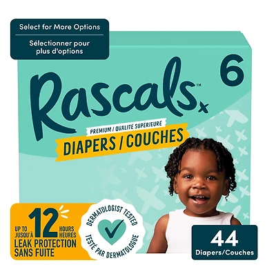 Rascals Premium Diapers, Size 6, Small Carton, 44 Count, Preemie to Size 7