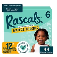 Rascals Premium Diapers, Size 6, Small Carton, 44 Count, Preemie to Size 7