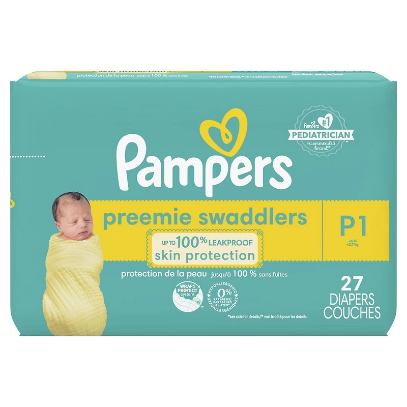 Couches Pampers Swaddlers, absorbantes, gardent bébé au sec et confortable, couche jetable pour bébé sans danger pour la peau, taille P (jusqu’à [6 lb]) 27 Unité