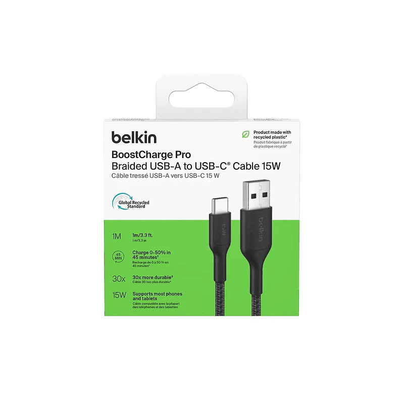 Cable BoostCharge Eco USBA vers Lightning 1 m/3,3 pi Cable souple et flexible pour charge rapide, cable chargeur Lightning pour iPhone 14 et series anterieures iPad 9e gen et AirPods NR